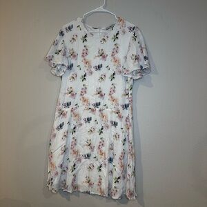 White size Large mini dress, square neck, puff sleeves‎ & multicolor flowers.